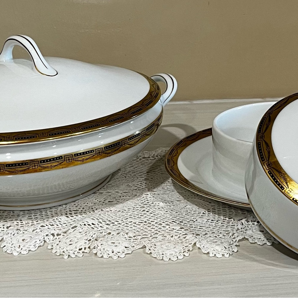 Beautiful Vintage Covered Vegetable Bowl and Covered Butter Dish GermanGold Trim